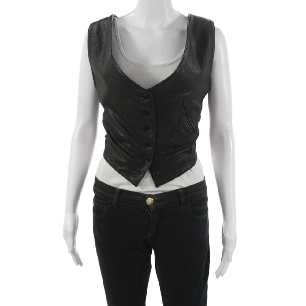 Golde Women Leather Biker V-Neck Button Sleeveless Vest Black Size S